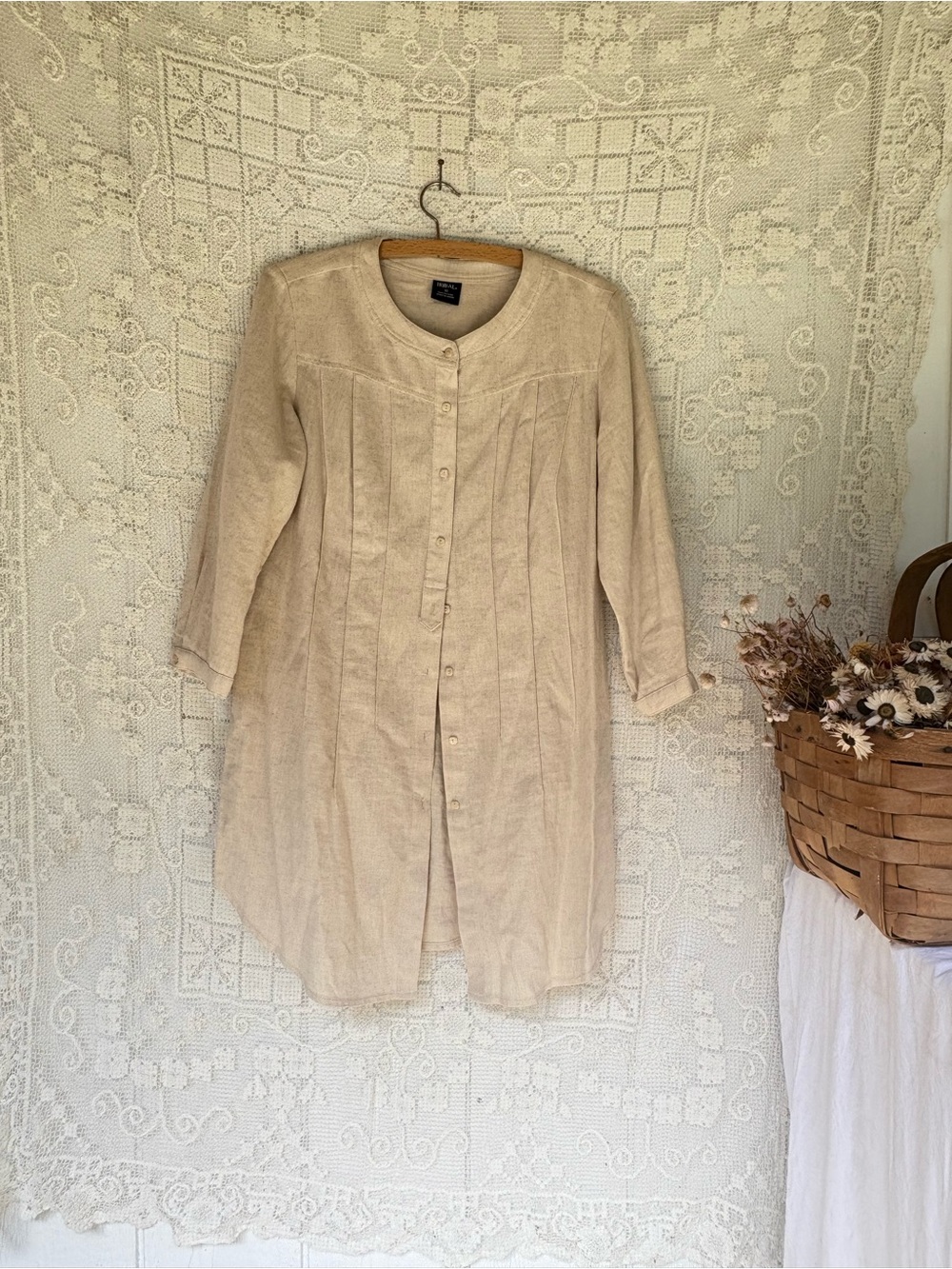 Tribal Beige Long-Sleeve Button-Front Linen Dress